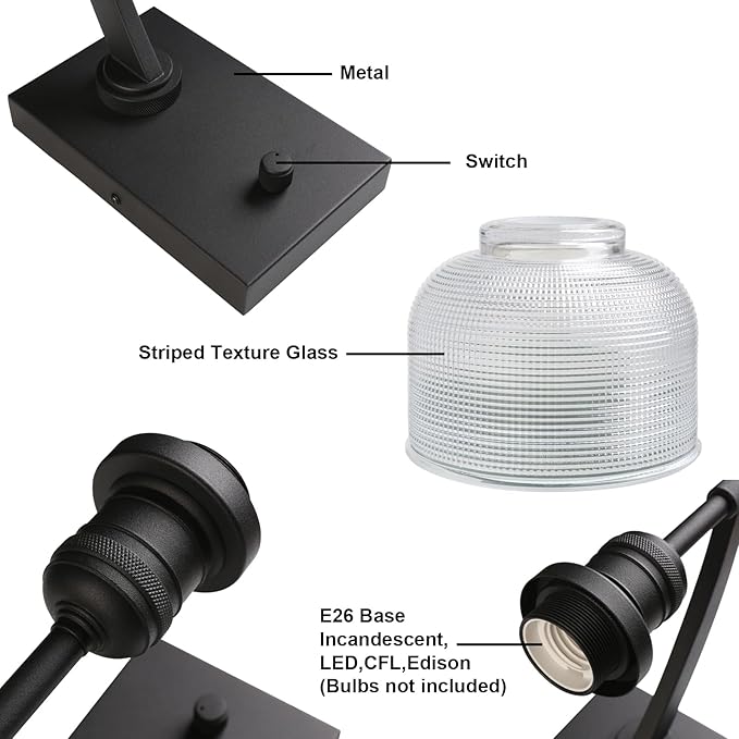 Yosoan Vintage Indoor Wall Sconce with On Off Switch, 1-Light Hardwired Vanity Industrial Boho Retro Modern Wall Mounted Bowl Texture Striped Glass Shade for Living Room Bedroom Bedroom(Black)