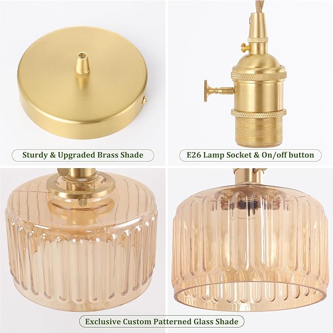 Shenmoyl Pendant Light with Amber Striped Glass Lmapshade, Brass Vintage Pendant Light Adjustable Hanging Light for Kitchen Island Dining Room Hallway