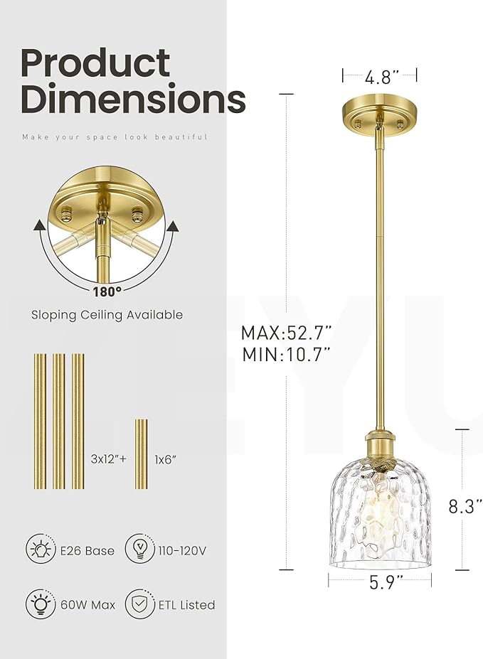zeyu Vintage Glass Hanging Lights 2 Pack, Kitchen Pendant Lights, Ceiling Hanging Light Fixtures with Clear Hammered Glass, Brushed Gold Finish, ZJF63MIL-L-2PK BG
