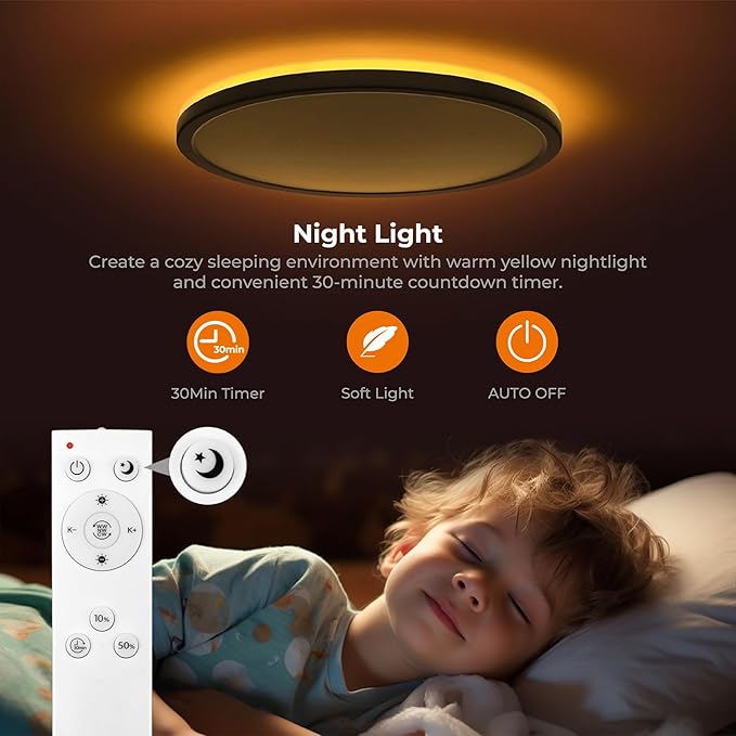 Matane Flush Mount Ceiling Light Fixture with Remote Control, Nightlight 8.7 Inch 18W 3000K-6500K Adjustable, Led Low Profile Ceiling Lights for Bedroom, Living Room,Dining Room, Kitchen, Round Black