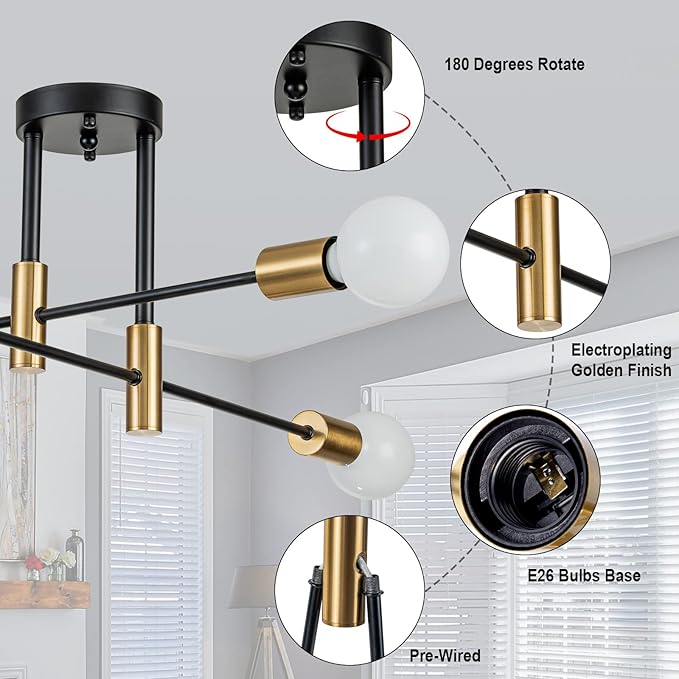 4-Light Black Modern Sputnik Chandeliers, Gold Semi Flush Mount Ceiling Light Fixture, Mid Century Farmhouse Kitchen Lighting Fixtures Ceiling Mount for Living Room Dining Room Bedroom
