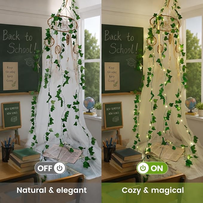 Ivy Vine String Lights, 23FT 73 LED Pre-Wrapped Faux Ivy Garland with Fairy Lights, USB & Battery Powered Leaf Lights for Bedroom Wall, Dorm Room, Classroom Decor, Warm White