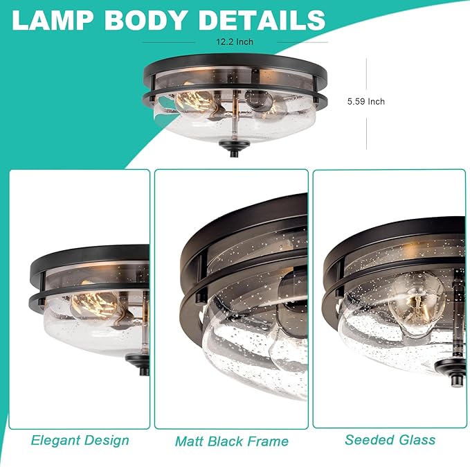 Edwarmlux Flush Mount Ceiling Lights, 2-Light Farmhouse Close to Ceiling Light, Industrial Ceiling Lighting Fixture for Kitchen Hallway Bedroom Living Room Stairways Porch (Black)
