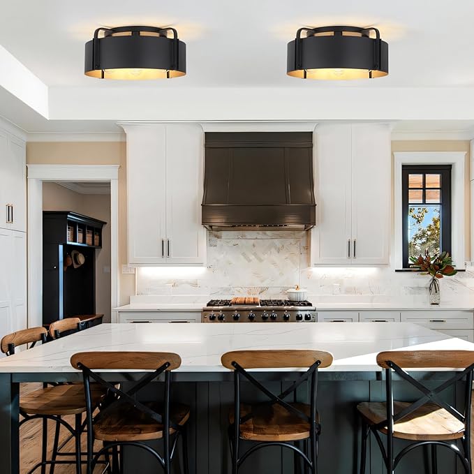 Flush Mount Ceiling Light, 5-Light Large Industrial Ceiling Light Fixture Matte Black with Gold Inside Close to Ceiling Lights for Living Room Kitchen Island,E26 Base (Not Included Bulb)