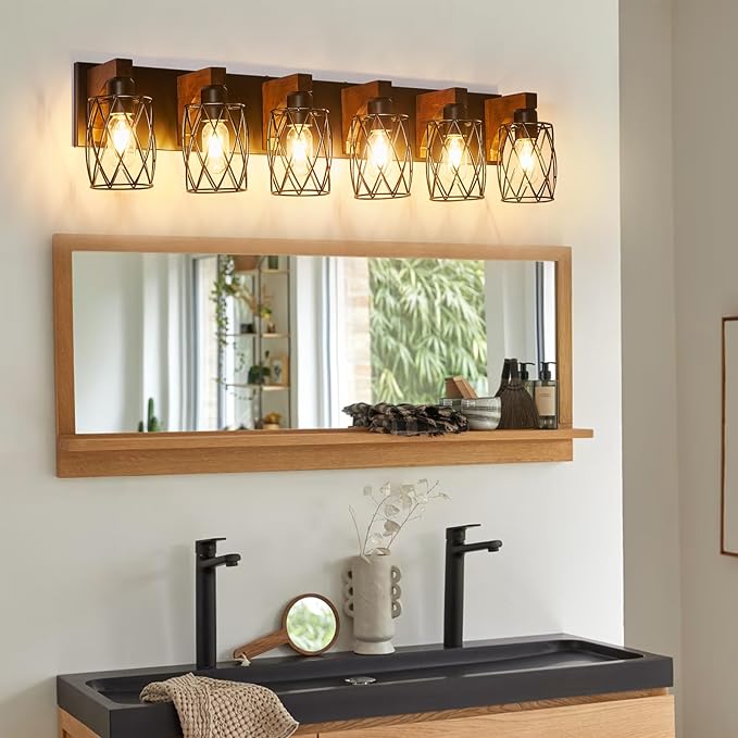6-Light Farmhouse Vanity Light Fixtures Over Mirror, Black with Cage Metal Shade, Vintage Rustic for Bathroom, Hallway