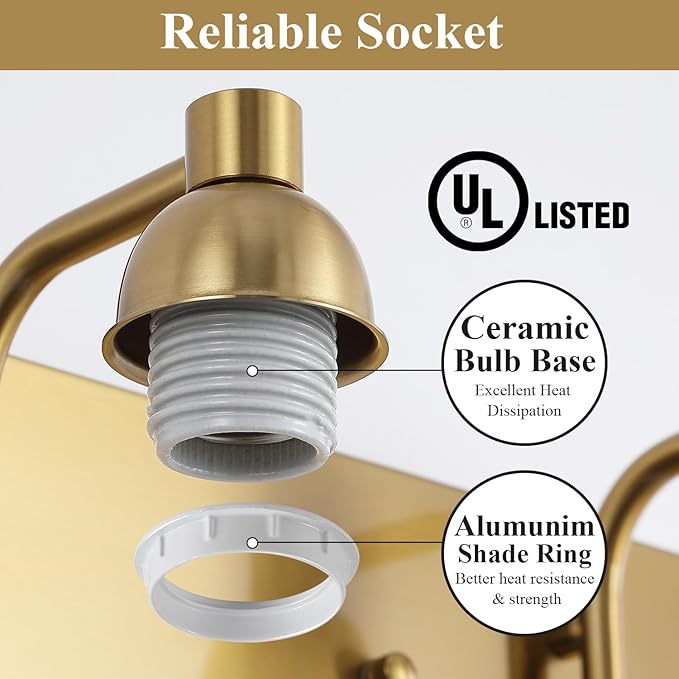 Mecgirn Stainless Steel Milk Glass Vanity Lights for Bathroom, 2 Light Gold Bathroom Light Fixtures Over Mirror, Ceramic E26 Sockets Wall Mounted
