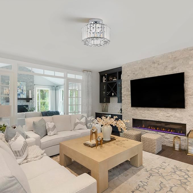 BUXVRCS Silver Crystal Chandelier - Modern Semi Flush Mount Ceiling Light Fixture for Kitchen, Bedroom, Living Room & More (Silver)