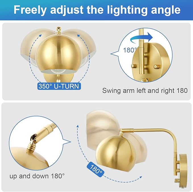 VATONI Wall Sconces Plug in, Dimmable Wall Sconce Swing Arm Wall Lights with Plug in Cord and Dimmer On/Off Knob Switch, Brushed Brass Globe Wall Light for Bedroom Bedside Hallway(2 Bulbs Included)