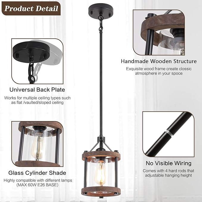 SGLfarmty Farmhouse Pendant Light for Kitchen Island, Rustic Black and Wood Light Fixtures with Glass Shade, Blown Pendant Lamps Over Table, Farmhouse Hanging Light for Dining Room, Sink, Bar, 1 Pack