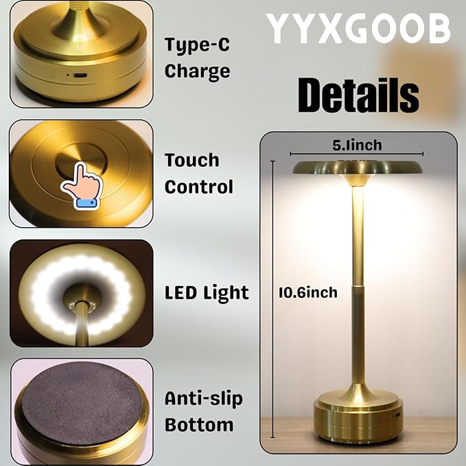 Cordless Portable LED Table Lamp， Rechargeable Battery Operated Desk Lamp with Touch Sensor Three-Level Dimmable Suitable for Home Office Bedroom Hotel Room Restaurant Outdoor (Gold)