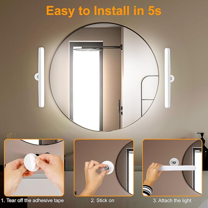 Benreom 2 Pack Wireless Vanity Lights for Mirror, Rechargeable Battery Operated Makeup Light, Adjustable Color Brightness & Angle Light Bar, Magnetic Stick on LED Lighting Bathroom Decor Accessories
