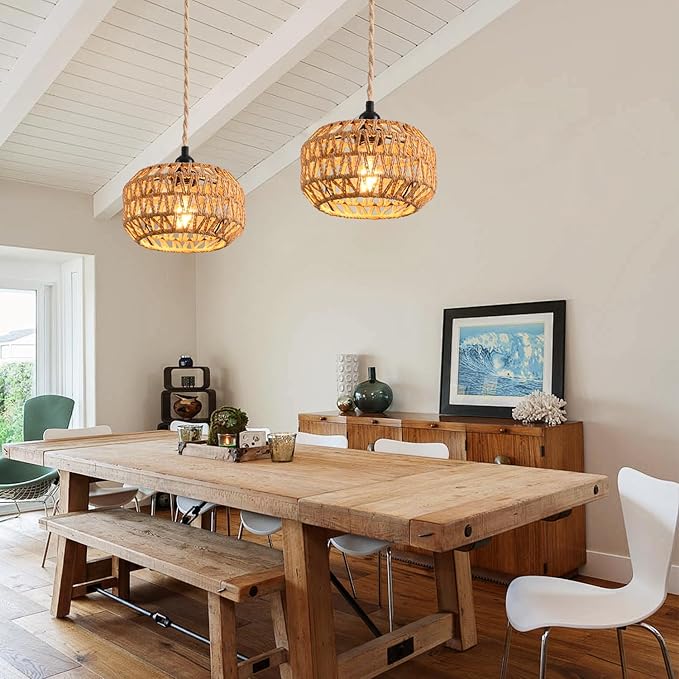 Plug in Pendant Light, Industrial Hanging Light with Plug in Cord Hemp Rope On/Off Switch Farmhouse, Vintage Hanging Lamps for Dining Room