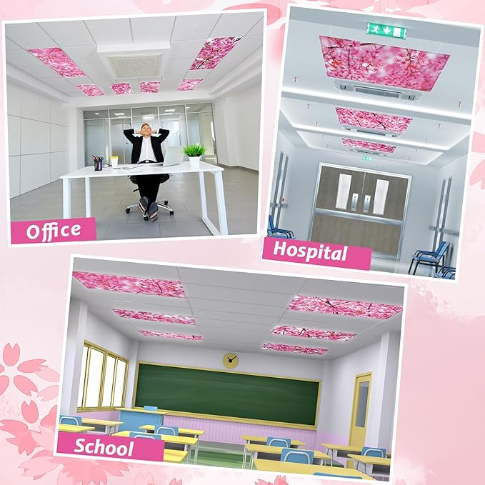 Wiooffen 8 PCS Fluorescent Light Covers for Classroom Ceiling Light 4x2ft Magnetic Lights Covers Filter Easy Install for School Office Hospitals Ceiling Supplies (Cherry Blossom)