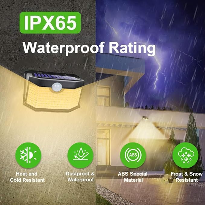 HMCITY 120 LED Outdoor Solar Lights- with Motion Sensor and 3 Lighting Modes, IP65 Waterproof Wide Solar Wall Lights Ideal for Garden Patio Yard (Front Button 8Packs, Black Shell-Warm White)