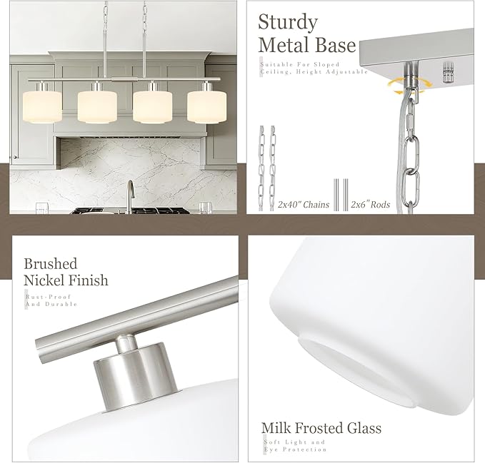 4-Light Brushed Nickel Kitchen Island Lighting, Modern Linear Dining Room Chandelier Light Fixtures with Milk Glass and Chain, Mid Century Hanging Lights for Kitchen Island, OS-YQ8153-4ISBNW