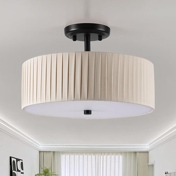 13.8 Inch Semi Flush Mount Ceiling Light Fixture, 3-Light Modern Farmhouse Drum Pendant with Fabric Shade for Bedroom Hallway Entryway Living Room (Oatmeal Pinch Pleated+Black)