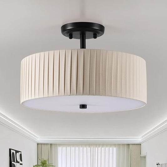 13.8 Inch Semi Flush Mount Ceiling Light Fixture, 3-Light Modern Farmhouse Drum Pendant with Fabric Shade for Bedroom Hallway Entryway Living Room (Oatmeal Pinch Pleated+Black)