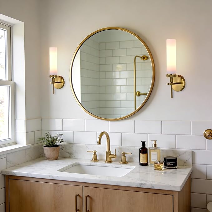 LaLuLa Wall Sconce Set of 2, Vanity Lights for Bathroom, Modern Brushed Gold, Knurled Detail, Frosted Glass Cylinder Shade, E26 Base, Hardwired, Up or Down Mount, Gold Wall Sconces for Hallway Bedroom
