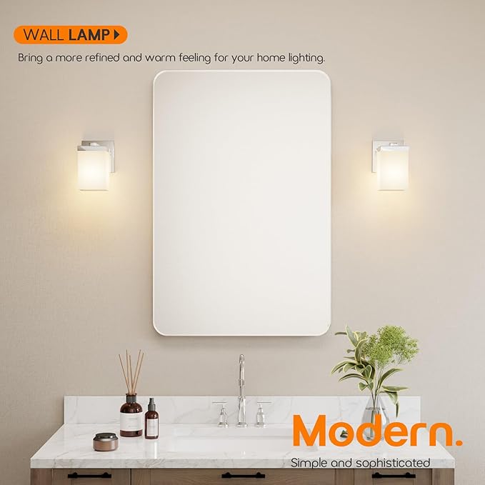 Vanity Lighting Fixture Polished Chrome Bathroom Lights with White Frosted Glass Shade, Wall Sconces Over Mirror for Porch Entrance, 2 Pack T003CH-L1-P2