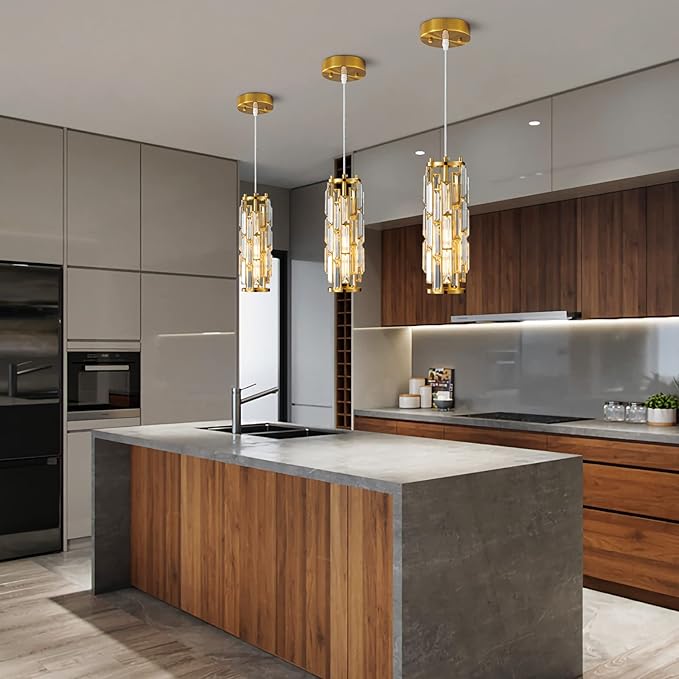 LMQNINE Pendant Lights Modern Gold Pendant Light Mini Crystal Chandelier Pendant Lighting for Kitchen Island Dinning Room Bedroom Kitchen Sink Lighting (Gold 2-Pack)