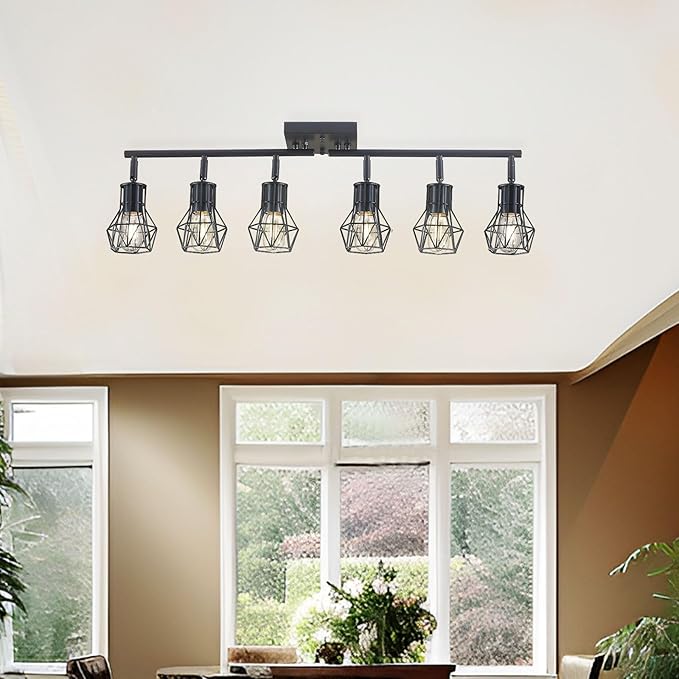 Black Track Lighting Fixtures Ceiling,6-Light Farmhouse Track Lighting with Metal Cage Design – Kitchen Lights Ceiling Mount for Kitchen, Living Room, Dining Room (E26 Base)