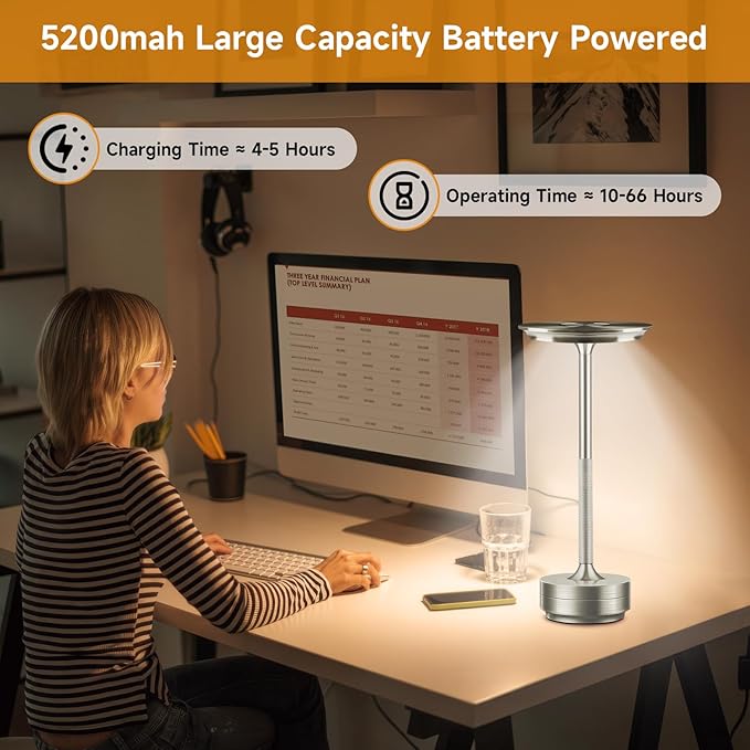 Cordless Rechargeable Table Lamps, Portable Led Ecolume Dining Table Light with Touch Control & 3 Color Dimmable, 5200mAh Battery Powered Vueeze Table Lamp for Outdoor Patio Dinner Restaurant (Silver)