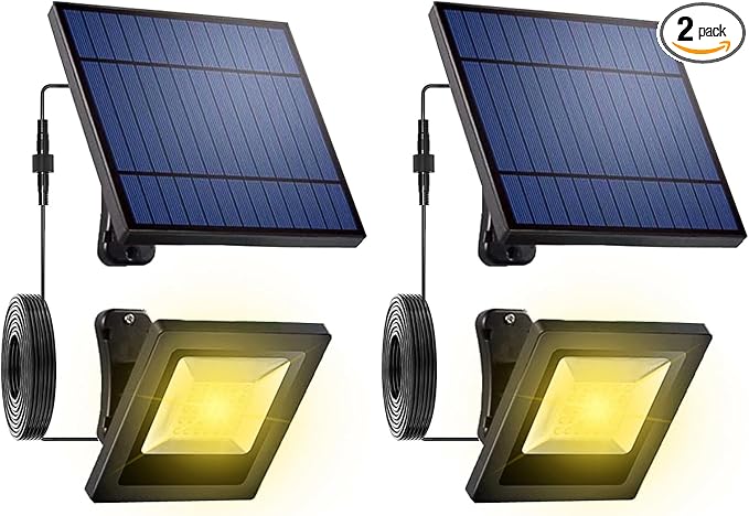 Solar Flood Lights Outdoor with 16FT Cable Dusk to Dawn 4400mAh LED Solar Spot Light Waterproof 3000K for Porch, Backyard, Driveway, Warm White 2 Pack