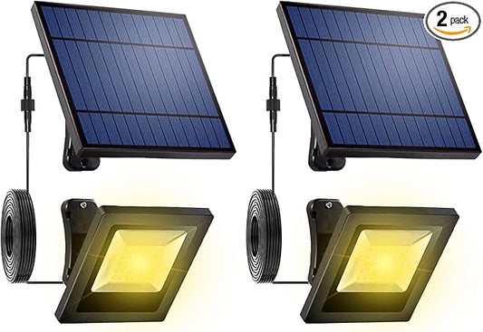 Solar Flood Lights Outdoor with 16FT Cable Dusk to Dawn 4400mAh LED Solar Spot Light Waterproof 3000K for Porch, Backyard, Driveway, Warm White 2 Pack
