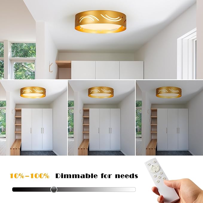 Modern Dimmable LED Flush Mount Ceiling Light with Remote, 2400LM 2700K-6500K Adjustable 12 Inch Bedroom Ceiling Light with Night Light for Kitchen Hallway Bathroom Living Room (Gold, Arc)