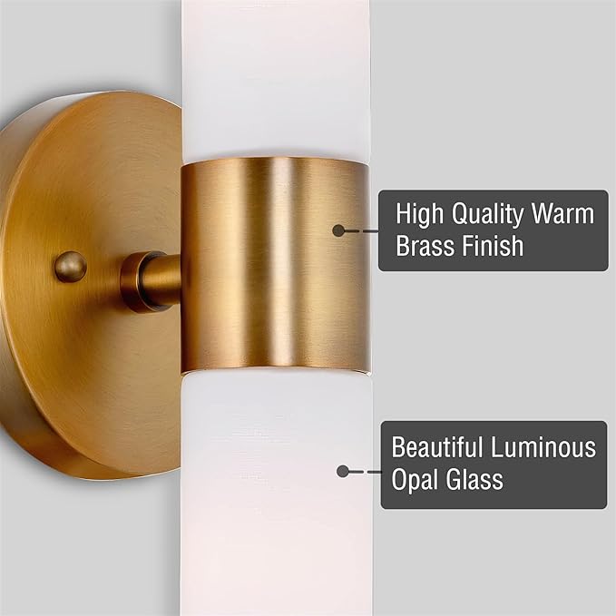 Kira Home Duo 14" Modern Wall Sconce with Frosted Glass Cylinder Shades, Linear 2-Light Wall Light, Warm Brass Finish