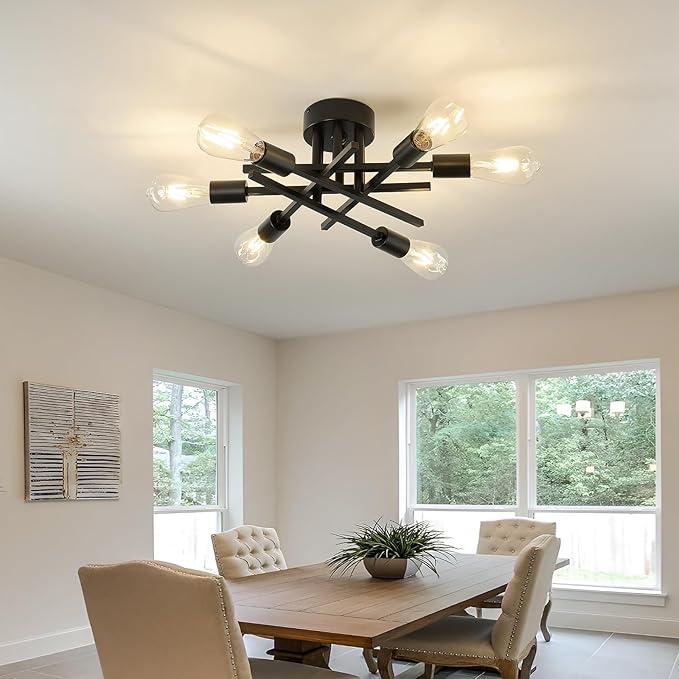 Semi Flush Mount Motion Sensor Ceiling Light Fixture，6 Lights Black Vintage Matte Sputnik Chandelier Ceiling Lamp with E26 Bulb Base for Farmhouse Dining Room Living Room Bedroom Study Kitchen