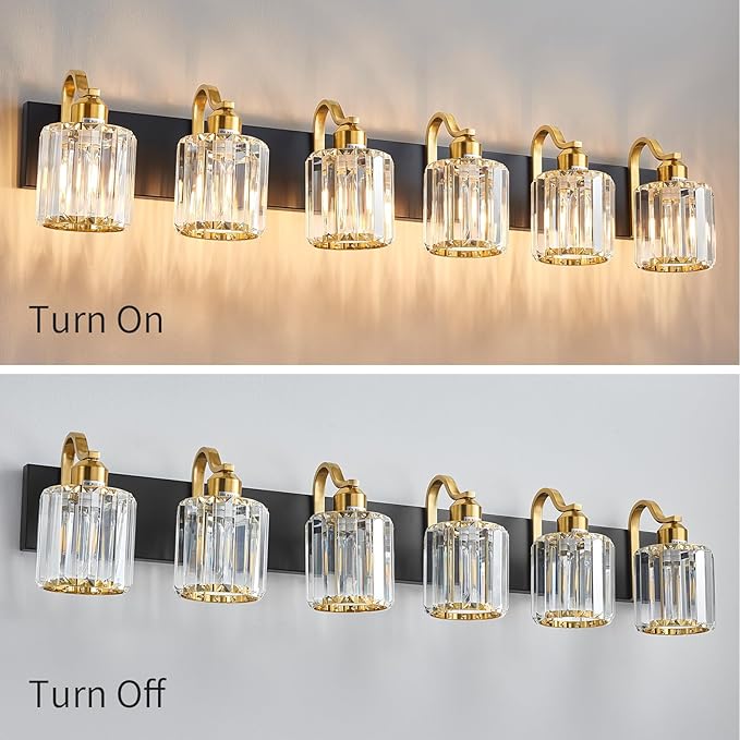 Modern Bathroom Vanity Light 6-Lights Black Gold Crystal Wall Light Fixture with Round Shade Over Mirror (Exclude Bulb)