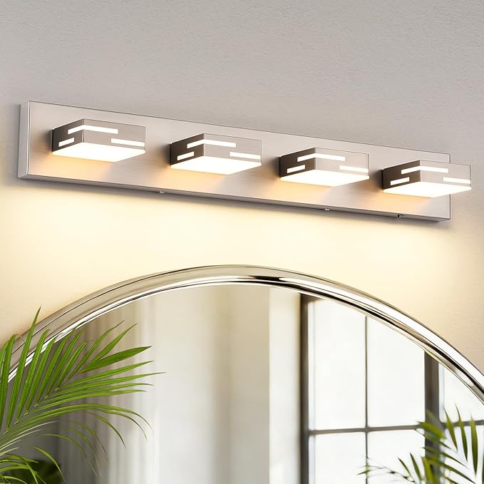 4-Light 5CCT Modern Bathroom Vanity Light Fixtures, 30-Inch 350° Rotatable LED Vanity Lights Over Mirror, Dimmable Brushed Nickel Wall Sconce with Frosted Acrylic Shade