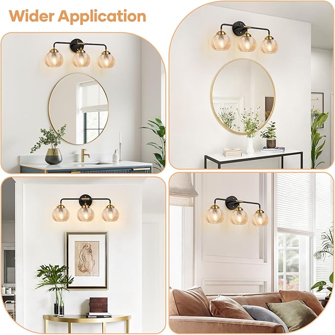 MOKATNG Bathroom Light Fixtures, 3-Light Amber Vanity Lights with Unique Leaf Texture Glass Shade, Modern Matte Black and Gold Bathroom Wall Lamp for Mirror Hallway Cabinet Living Room