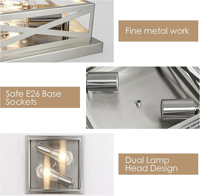 Farmhouse 2-Light Semi Flush Mount Ceiling Light Fixture, Modern Metal Cage Brushed Nickel Square Close to Ceiling Lamp, E26 Base Chandelier Ceiling Mount, Pendant Lighting for Hallway, 2Pack