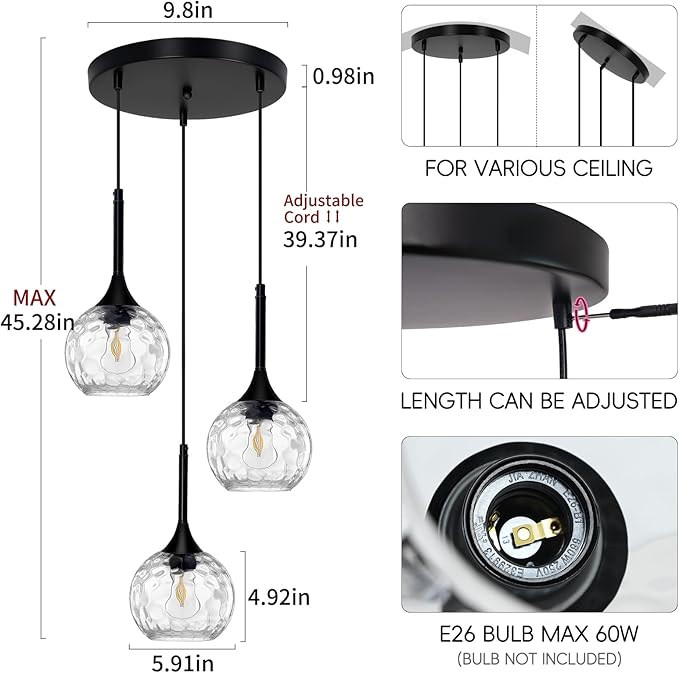 JHLBYL Glass Pendant Lights Kitchen Island: 5.91'' 3-Light Hammered Glass Pendant Light with Black Finish - Modern Minimalist Hanging Light Fixture for Kitchen Sink Dining Room - E26 Base