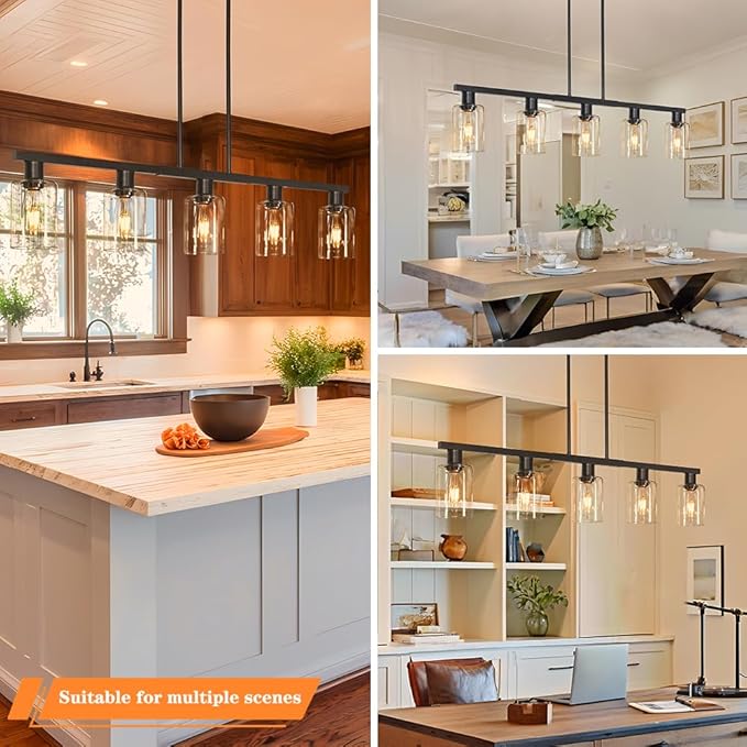 5-Light Kitchen Island Light, Black Dining Room Light Fixture Over Table, Farmhouse Linear Pendant Lights Kitchen Island with Glass Shade, Chandeliers for Pool Table, Sink, Bar, Height Adjustable