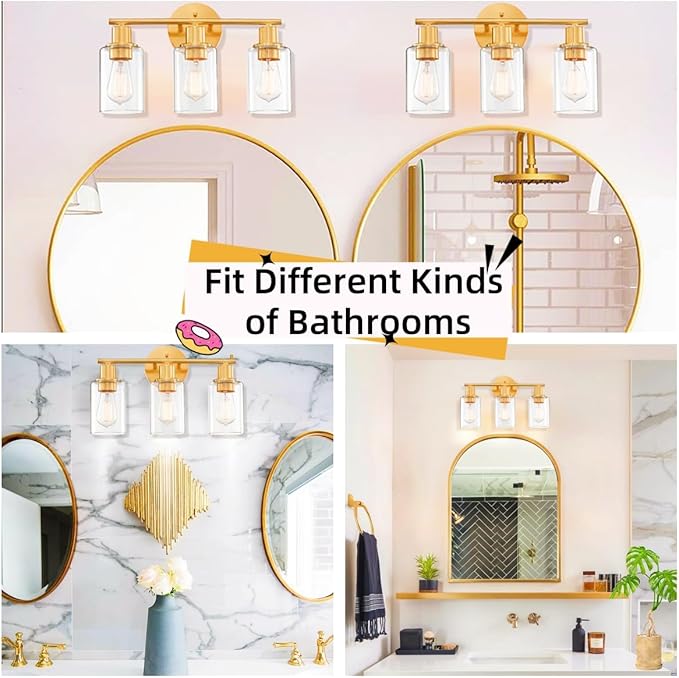 WISBEAM 3-Light Bathroom Vanity Light Over Mirror, Gold Bathroom Wall Sconce with Clear Glass Shade Including E26 Medium Base, Bulb NOT Included