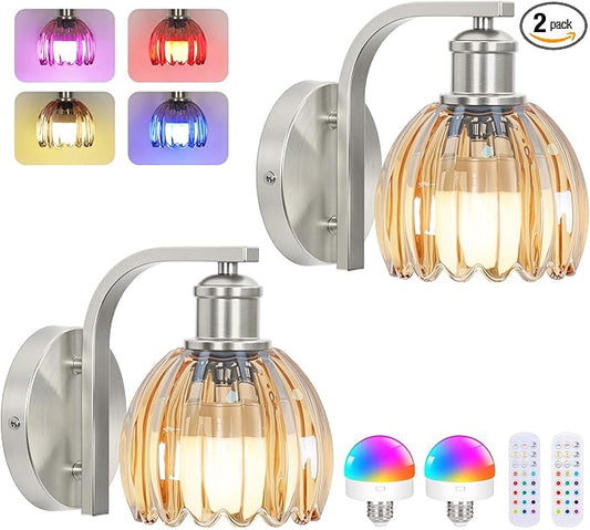Rechargeable Battery Operated Wall Sconce Set of Two with Amber Glass Lampshade, Wireless Wall Scone Decor with Remote Control, 15 Colors Brushed Nickle Wall Light for Bedside Hallway Bedroom Doorway