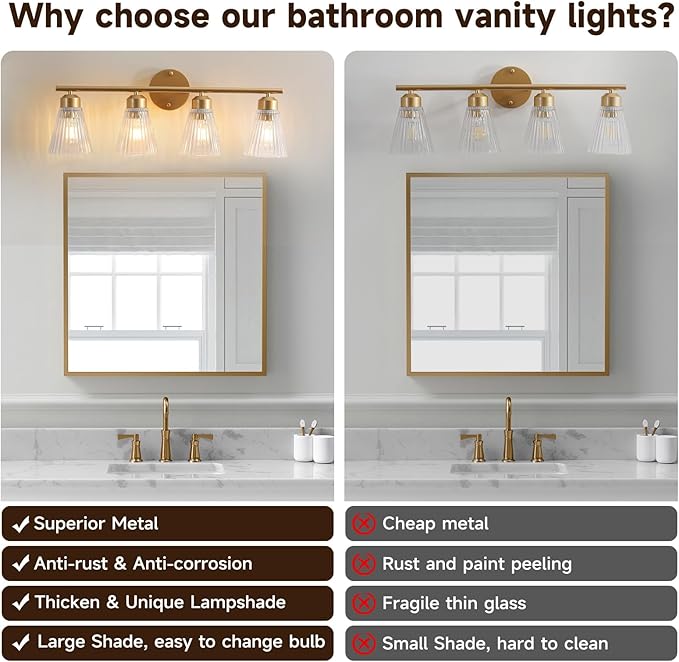 4-Light Bathroom Vanity Light, Painted Gold Bathroom Light Fixtures Over Mirror with Stripe Glass, Modern Wall Lamp, Wall Sconces Lighting for Living Room Bedroom Kitchen Hallway