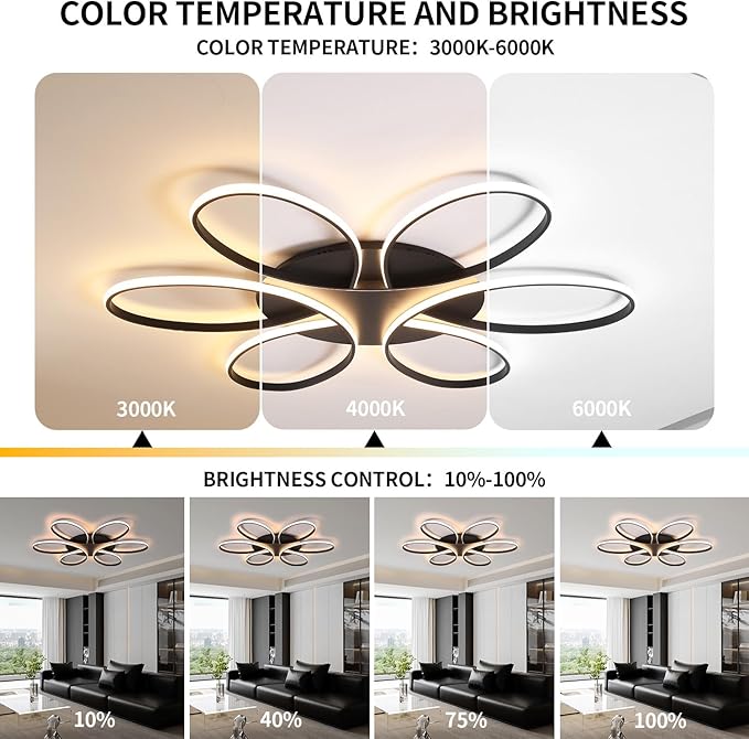 Modern LED Ceiling Light Fixture Black Flush Mount Ceiling Lamp with Remote Control Dimmable 6 Rings Flower Shaped Ideal for Living Room Bedroom Dining Room Kitchen(60CM/23.6IN)