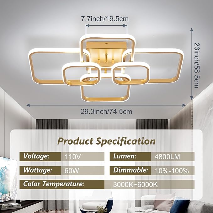 31.5" Modern LED Ceiling Light 6-Square Dimmable Ceiling Light Fixtures with Remote 3000K-6000K Gold Close to Ceilings Lamp 60W for Living Room, Bedroom