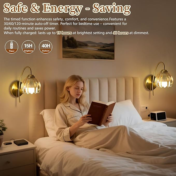 Vintage Battery Wall Sconce with Flower lampshade,Rechargeable Battery Powered Wall Lights,Wall lamp with 15 Colors for Bedroom Living Room Home Decor (Amber Tulip, 2 Light Battery Operated)