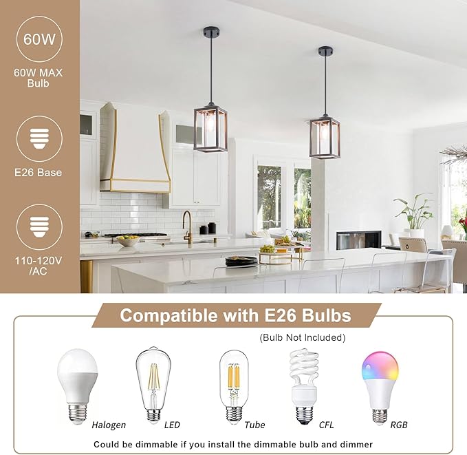 Farmhouse Pendant Light in Wood and Metal Cage, Rustic Pendant Light with Glass, Adjustable Hanging Light Fixtures, Mini Pendant Lighting for Kitchen Island, Hallway, Foyer (Square Brown-2 Pack)
