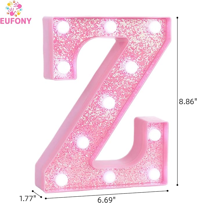 Pink Marquee Light Up Letters, Glitter Alphabet LED Letter Lights for Pink Birthday Party Decorations, Battery Operated Letter Sign for Girls Room Vanity Table Decor, Cool White Lights Letter Z