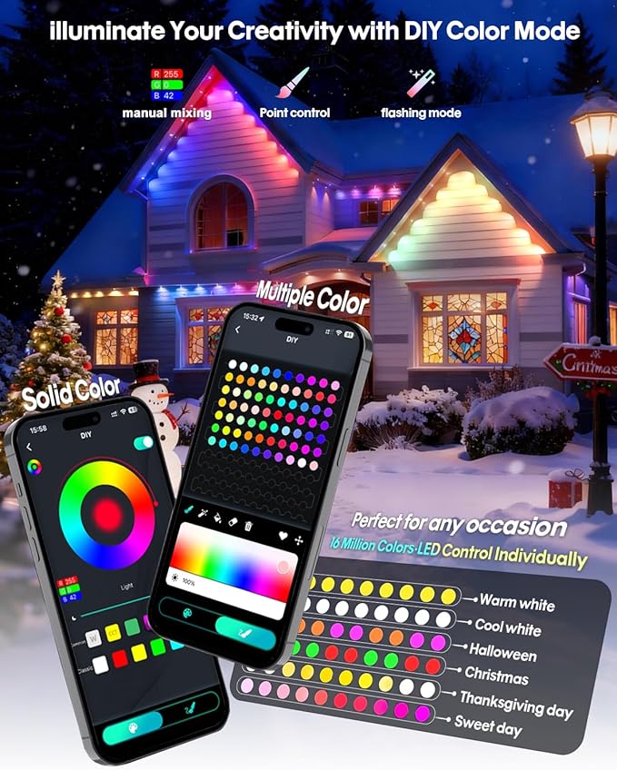 Super RGB Smart Permanent Outdoor Lights, 50FT 30LEDs Color Changing RGB IC Wall Lights, APP & Remote Control, Music Sync, Dynamic Lighting for House, Living Room, Ceiling, Eave Party Xmas Decoration