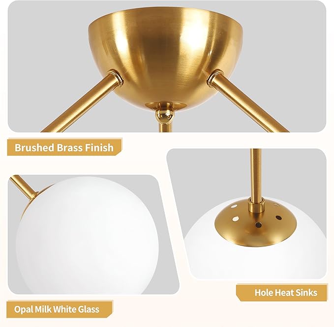 Mid-Century Modern Semi Flush Mount Ceiling Light 3 Lights Opal Glass Modern Globe Ceiling Light Gold Brass Sputnik Chandeliers for Hallway Entryway Kitchen Bedroom Laundry(Bulb Incl.)