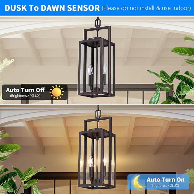 17.8'' Large Dusk to Dawn Outdoor Pendant Light 2-Light, Modern Brown Metal Outside Chandelier Exterior Hanging Fixture Ceiling Mount with Clear Glass for Front Porch Entrance Entryway, 1 Pack
