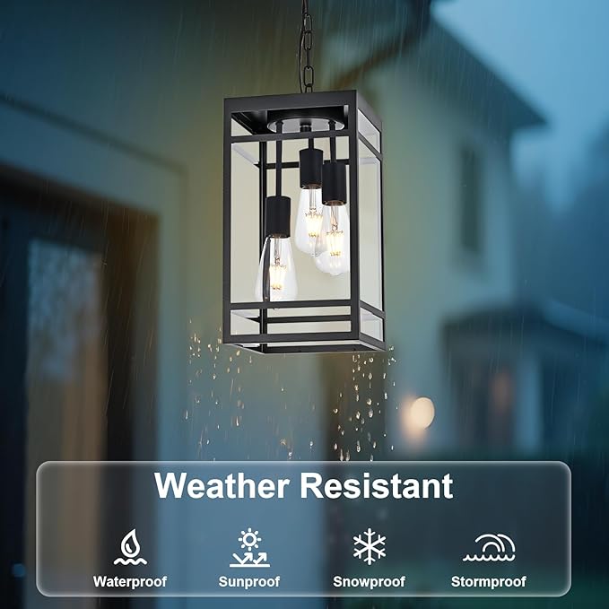 3-Light Outdoor Pendant Lights for Porch, Black Outdoor Chandelier 16'' Large Exterior Hanging Porch Light Fixtures with Clear Glass, Waterproof Outside Pendant Lantern for Garage Foyer