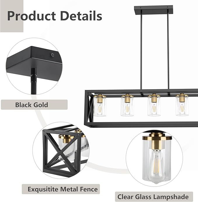 Espird Black Gold Dining Room Light Fixture - 5 Light Chandeliers for Dining Room with Clear Glass Shade & Adjustable Height & Thickened Metal Rectangle Dining Table Light Fixture